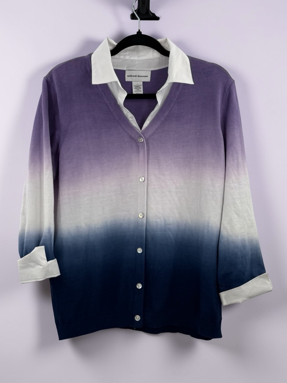 Alfred Dunner Ombre Cardigan Sweater Purple Blue Button Front Preppy Coastal